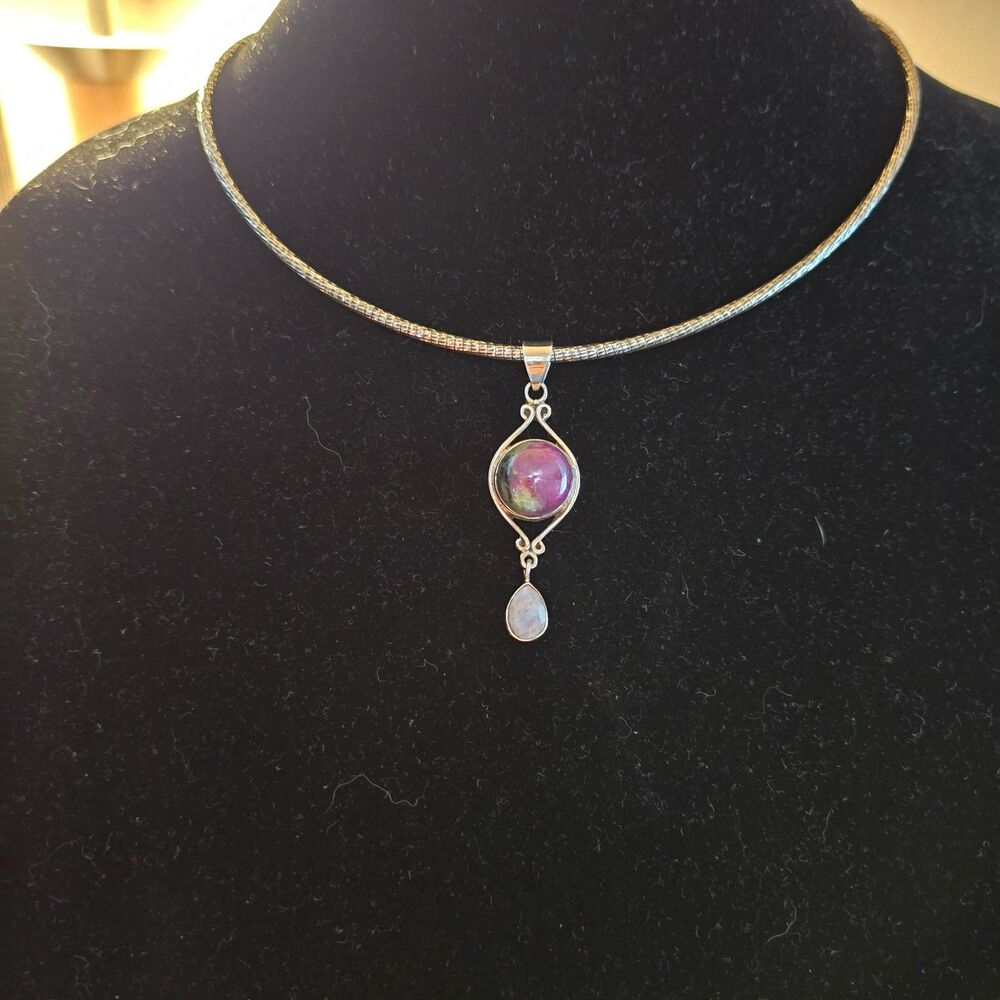 Ruby Zoisite and Rainbow Moonstone Sterling Necklace